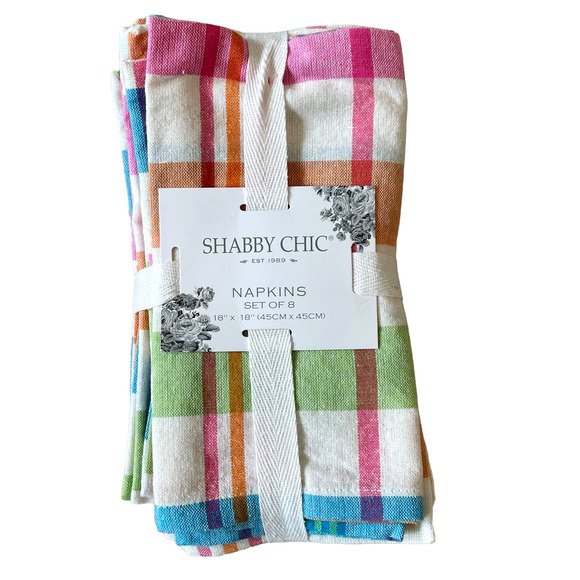SHABBY CHIC Plaid Cotton Dinner Napkins 18x18 Set of 8 Pop of Color NEW - Picture 1 of 10